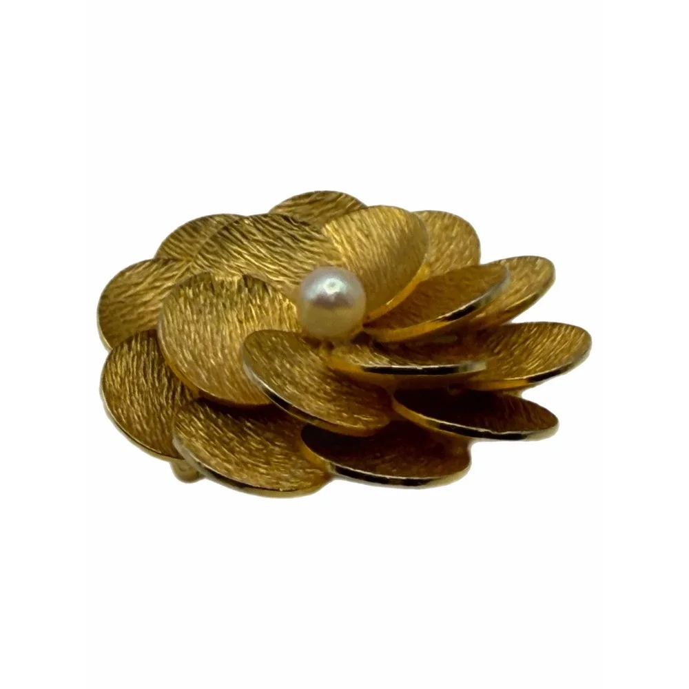 Vintage Ekelund Gold Tone Textured Petal Flower Brooch Faux Pearl Center Pin